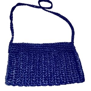 Vintage Navy Blue Raffia Purse, Likely 1970s, 10.5”x6.5” body, 17” strap